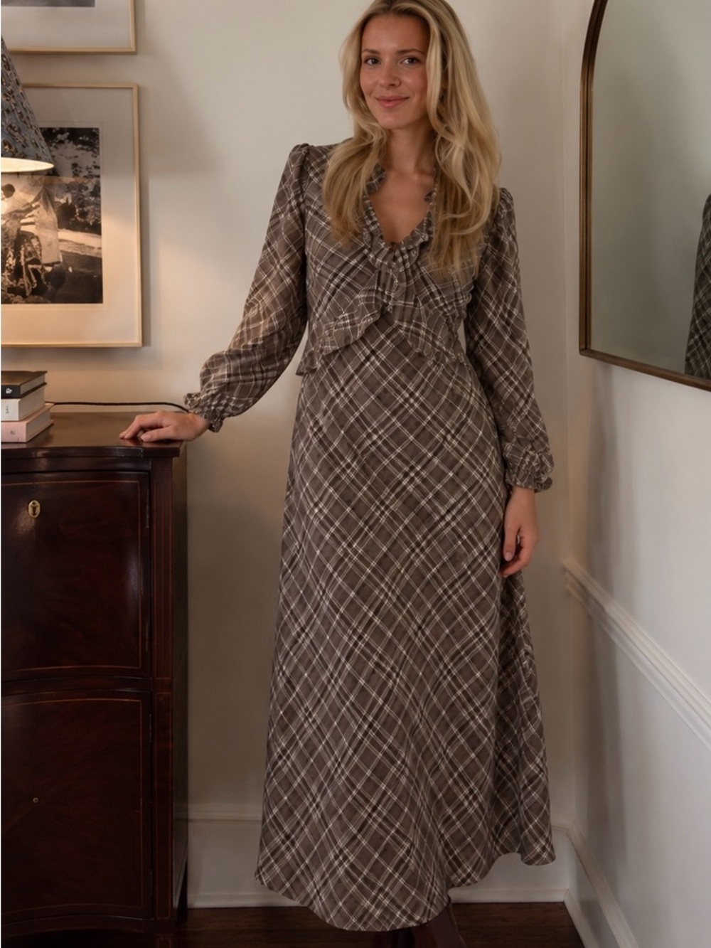 Taylor Plaid Ruffle Midi Dress – Size 2